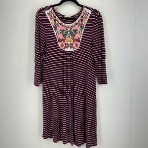 Embroidered Yoke Dress Boho Peasant Folk Comfort Stretch Artsy USA Medium Indie